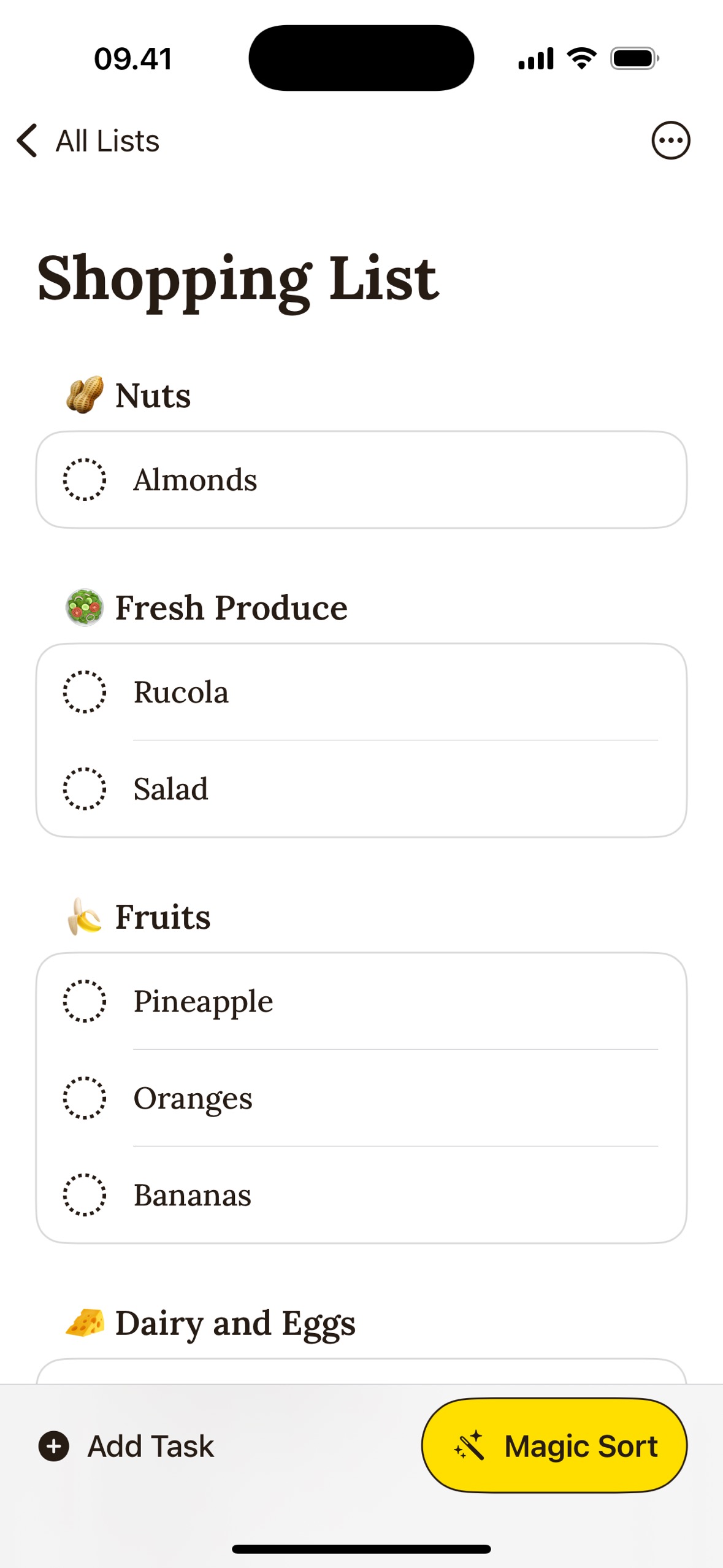 Shopping list after using Magic Sort with items categorized